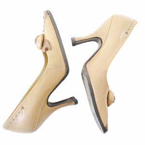 PRADA パンプス ハイヒール スクエアトゥ レザー 薔薇 フラワー モチーフ 36 23cm ベージュ 0214 IBO65