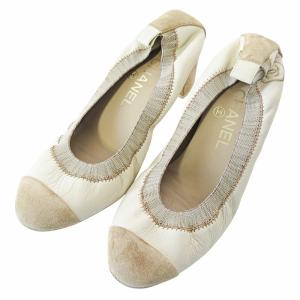 バレエ シューズ ココマーク刺繍 チャンキーヒール レザー 37 24cm ベージュ 0214 IBO65