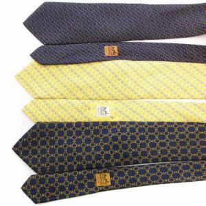 HERMES レギュラーネクタイ 3本セット まとめ 総柄 絹 シルク 紺 ネイビー 黄 イエロー