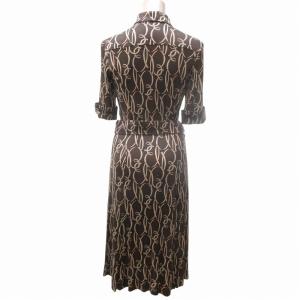 BURBERRY LONDON 美品 シルク シャツワンピース ロング 半袖 ベルト付き 総柄 茶 ブラウン 40 約Mサイズ FMD12-586-58 IBO65