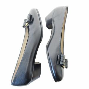 Salvatore Ferragamo ヴァラ リボン パンプス レザー チャンキーヒール 5.5 22.5cm ブラック 黒 0225 IBO65