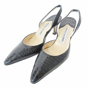 クロコ型押し レザー パンプス バックストラップ ポインテッドトゥ 35 22cm ブラック 黒 0226 IBO65