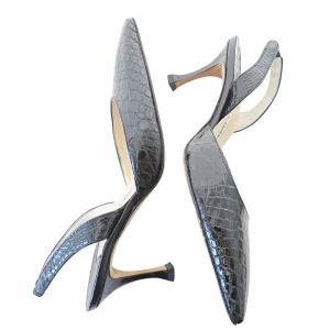 MANOLO BLAHNIK クロコ型押し レザー パンプス バックストラップ ポインテッドトゥ 35 22cm ブラック 黒 0226 IBO65