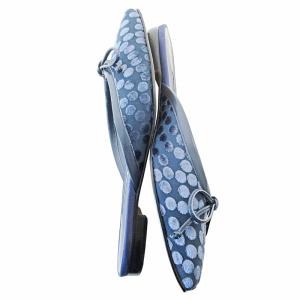 MANOLO BLAHNIK フロッキー ドット柄 リボン ミュール 37.5 ネイビー