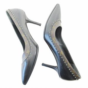 LOUIS VUITTON モノグラム スタッズ パンプス ピンヒール ポインテッドトゥ 37 24cm ブラック 黒 ブラウン 茶 0228 IBO65