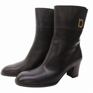 美品 ガンチーニ ショートブーツ シューズ ヒール ゴールド金具 サイドジップ レザー 黒 ブラック 6.5C 約24?p