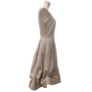 FOXEY NEW YORK 美品 ストライプ ノースリーブ ワンピース ロング フレア ギャザー加工 白 ホワイト 紺 ネイビー 40 約Mサイズ IBO67