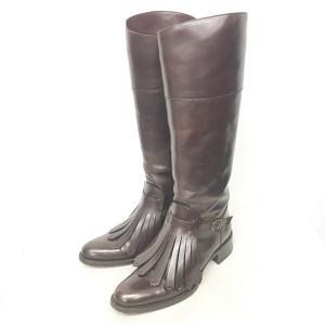 ロングブーツ シューズ ヒール レザー キルト ストラップ 茶 ブラック 37 