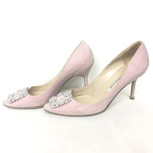 MANOLO BLAHNIK ハンギシ パンプス シューズ ハイヒール ラメ ビジュー ラインストーン ピンク 37 24cm