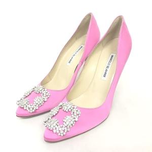 ハンギシ パンプス シューズ ハイヒール ビジュー ラインストーン サテン ピンク 37