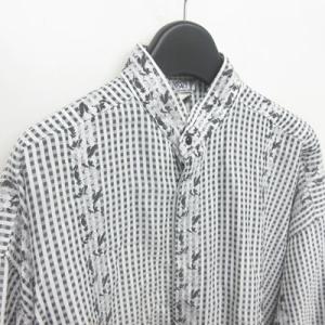 GIANNI VERSACE スタンドカラー チェックシャツ 花 刺繍 白 ホワイト 灰 グレー 46