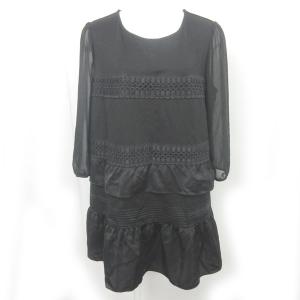 ワンピース レース フリル 装飾 切替 シフォン 7分袖 黒 ブラック 44