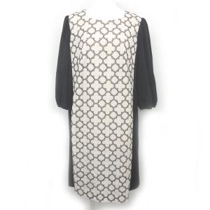 ワンピース コットン 切替 レース 装飾 7分袖 黒 ベージュ 系 46