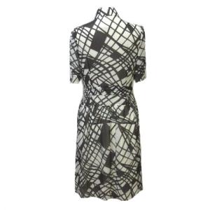 OLD ENGLAND シルク ワンピース タグ付き ひざ丈 半袖 柄 白 黒 ホワイト ブラック 36 S ウエストリボン