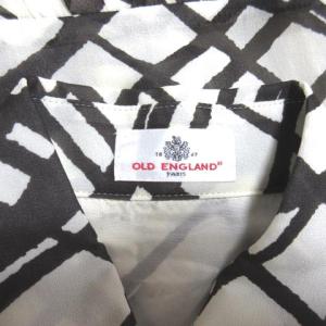OLD ENGLAND シルク ワンピース タグ付き ひざ丈 半袖 柄 白 黒 ホワイト ブラック 36 S ウエストリボン