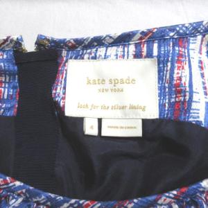 kate spade new york ワンピース ひざ丈 ノースリーブ シルク ベルト ラッフル 総柄 M ブルー