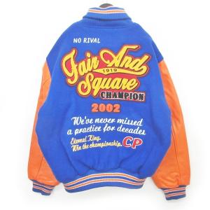 Champion スタジアムジャンパー スタジャン 中綿ブルゾン ウール ワッペン 2002 切替 袖レザー ブルー オレンジ 系 L