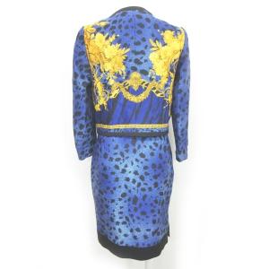 GIANNI VERSACE ヴィンテージ セットアップ スカートスーツ ウール 花柄 レオパード柄 切替 メデューサボタン ジャケット ブルー 系
