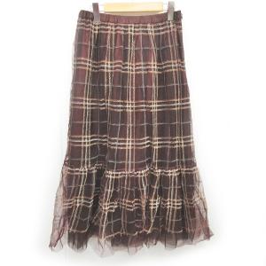 20AW チェック刺繍チュールスカート ロング グリッター フレア タグ付 赤 ブラウン系 36 ECR12 1223