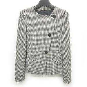 美品 ノーカラージャケット 千鳥格子柄 ストレッチ 白 黒 38 ECR12 1216