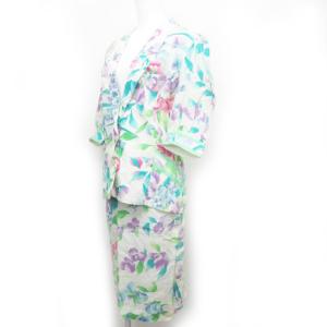 LEONARD セットアップ リネン 麻 ジャケット 膝丈 スカート 花柄 白 マルチカラー 11 0109 ECR12