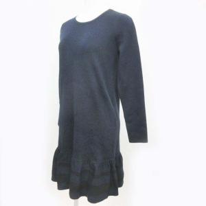 PAULE KA 美品 ニット ワンピース 膝丈 長袖 フリル ボーダー ウール ネイビー S 0130 IBO18