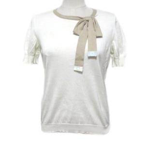 ニット 半袖 コットン リボン S ホワイトブラウン