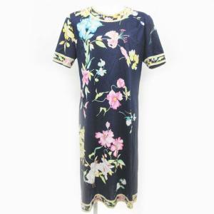 FASHION ワンピース 半袖 膝丈 花柄 L ネイビー