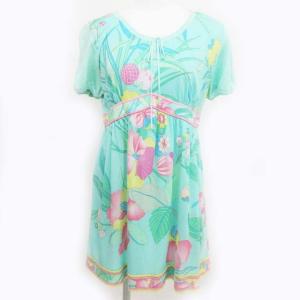 FASHION チュニック ワンピース 半袖 花柄 ニット切替 L ライトグリーン