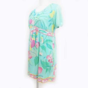LEONARD FASHION チュニック ワンピース 半袖 花柄 ニット切替 L ライトグリーン