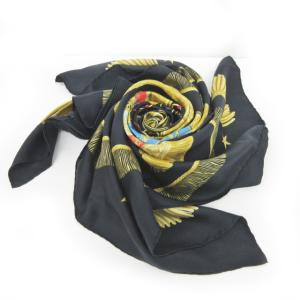 HERMES カレ90 Poste et Cavalerie サーベル飾袋 大判スカーフ シルク 総柄 ブラック