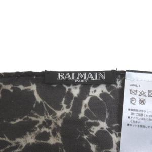 BALMAIN 大判ストール カシミヤ混 総柄 フリンジ 茶 ブラウン IBO21 X
