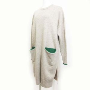 ENFOLD 美品 20AW ミドル ウール ポイントカラー ニット チュニック ワンピース 長袖 膝丈 ウール ベージュ 緑 36 0407