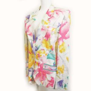 LEONARD ヴィンテージ テーラード ジャケット ブレザー リネン 麻 花柄 白 13 0424 IBO22