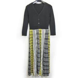 美品 近年モデル 19AW ニットワンピース ロング 切替 チェック 7分袖 黒 白 黄 系 36 S IBO22 0424