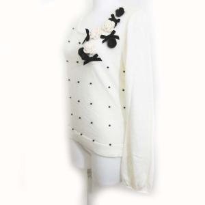René 美品 ニット カットソー 長袖 プルオーバー ビジュー フラワーモチーフ ミンク リボン オフ白 38