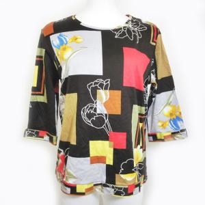 LEONARD SPORT カットソー Tシャツ 七分袖 花柄 総柄 焦げ茶 マルチカラー L 0528 IBO23