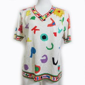 FASHION カットソー Tシャツ 半袖 Vネック 花柄 白 M