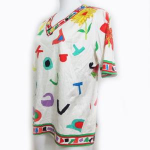 LEONARD FASHION カットソー Tシャツ 半袖 Vネック 花柄 白 M