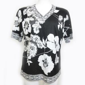 FASHION カットソー Vネック 花柄 M ブラック