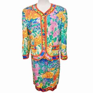 FASHION シルク100％ スーツ セットアップ カラーレス 金ボタン ジャケット スカート 総柄