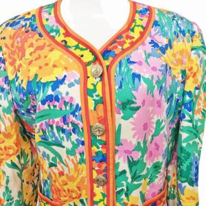 LEONARD FASHION シルク100％ スーツ セットアップ カラーレス 金ボタン ジャケット スカート 総柄