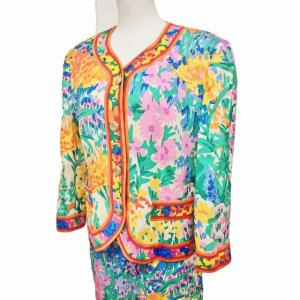 LEONARD FASHION シルク100％ スーツ セットアップ カラーレス 金ボタン ジャケット スカート 総柄