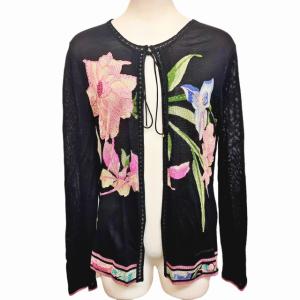 FASHION カーディガン シルク混 花柄 M 黒