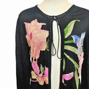 LEONARD FASHION カーディガン シルク混 花柄 M 黒