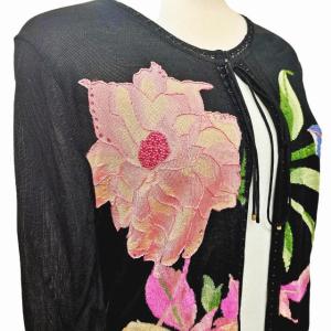 LEONARD FASHION カーディガン シルク混 花柄 M 黒