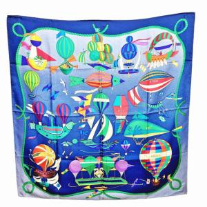 美品 LES FOLIES DU CIEL カレ90 大空の狂気 スカーフ シルク 総柄 パープル