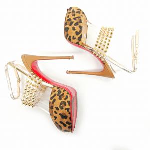 Christian Louboutin スタッズ サンダル ピンヒール スエード スタッズ 豹柄 レオパード柄 ベージュ 34 約21cm 0702 IBO24