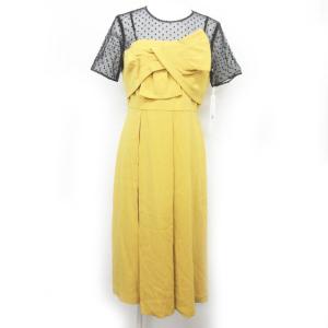 タグ付 18AW フロント リボン ドレープ ワンピース ドレス 膝丈 半袖 チュール切替 ドット フロッキープリント 黒