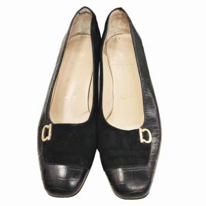Salvatore Ferragamo 型押し スエード 切替 パンプス シューズ ガンチーニ金具 ヒール ブラック